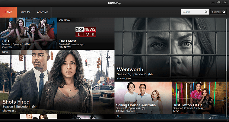 Foxtel Play Home screen displays featured viewing options